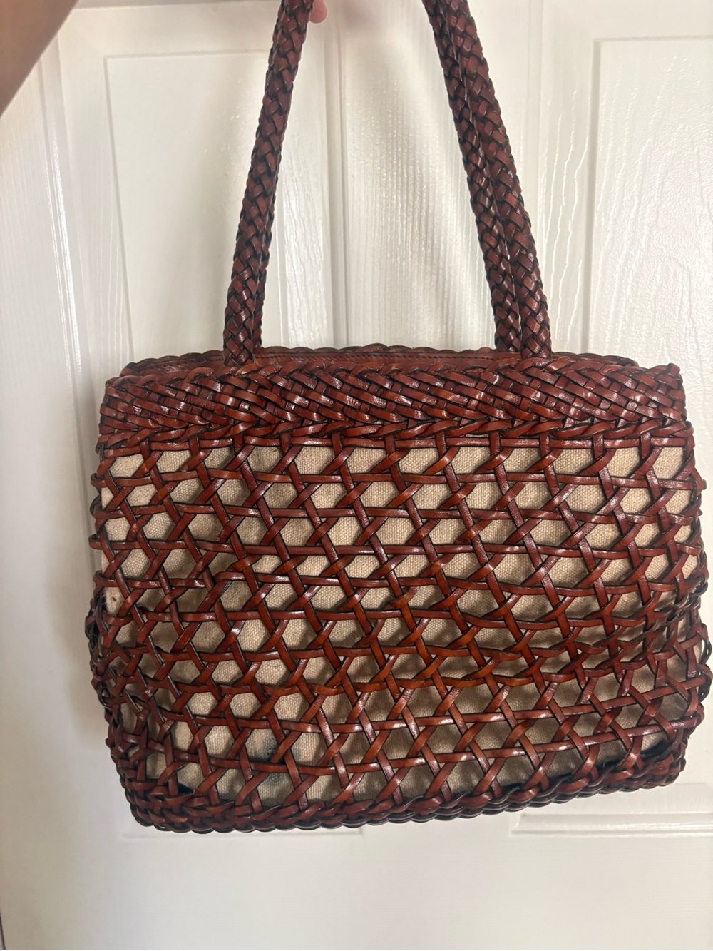 Woven Leather market Tote Bag in brown